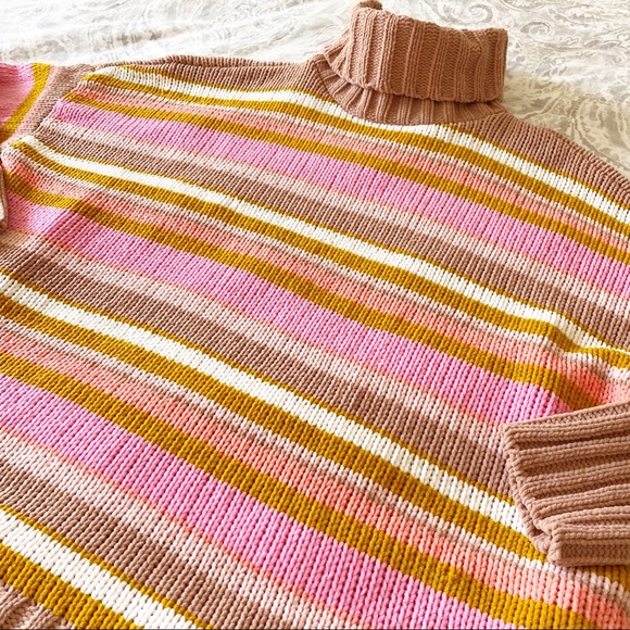 AERIE Stripe Chenille Turtleneck Sweater Tan Pink Stripes Large NEW NWOT - Picture 8 of 8